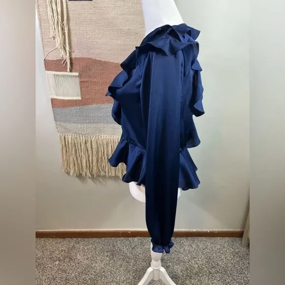 For Love and Lemons 🍋 Blue Satin Better Open Back Ruffle Blouse Size S - Picture 8 of 11